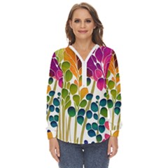 Plants Leaves Colorful Zip Up Long Sleeve Blouse