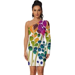 Plants Leaves Colorful Long Sleeve One Shoulder Mini Dress by pakminggu