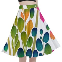 Plants Leaves Colorful A-line Full Circle Midi Skirt With Pocket