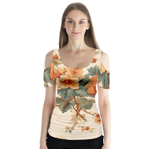 Flowers Leaves Swirl Plant Butterfly Sleeve Cutout T-shirt  by pakminggu