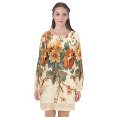 Flowers Leaves Swirl Plant Long Sleeve Chiffon Shift Dress 