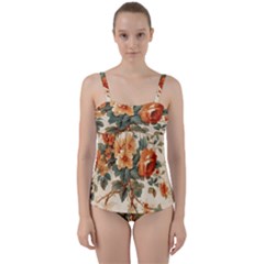 Flowers Leaves Swirl Plant Twist Front Tankini Set