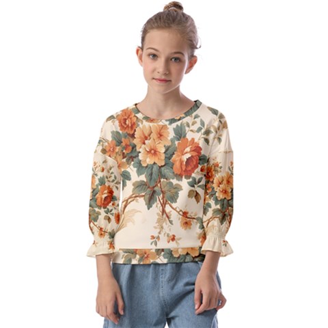 Flowers Leaves Swirl Plant Kids  Cuff Sleeve Top by pakminggu