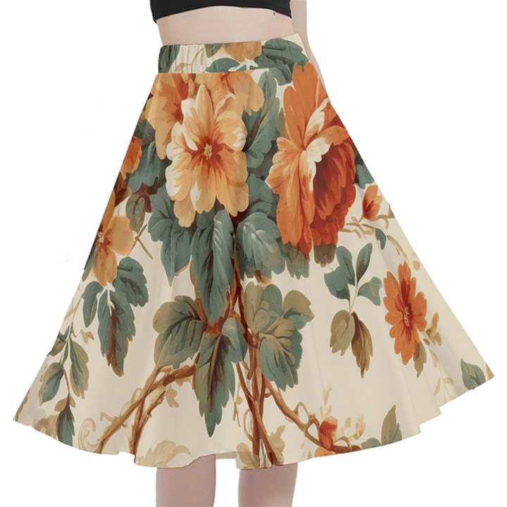 Flowers Leaves Swirl Plant A-Line Full Circle Midi Skirt With Pocket