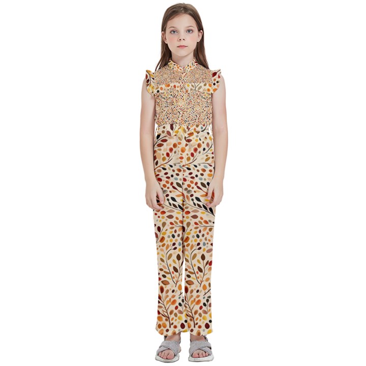 Autumn Leaves Pattern Kids  Sleeveless Ruffle Edge Band Collar Chiffon One Piece