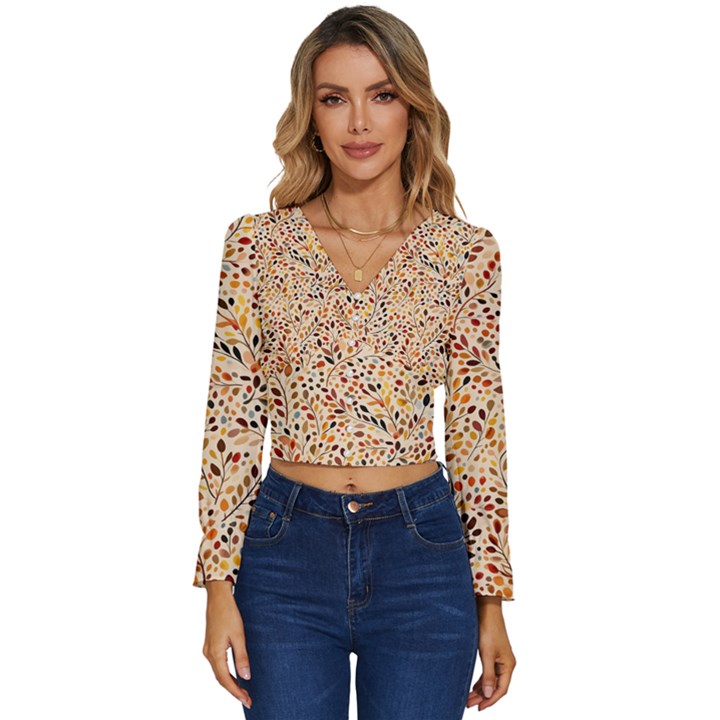 Autumn Leaves Pattern Long Sleeve V-Neck Top