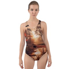 Trees Sunset Mist Cut-out Back One Piece Swimsuit by pakminggu