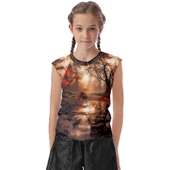 Trees Sunset Mist Kids  Raglan Cap Sleeve T-shirt by pakminggu