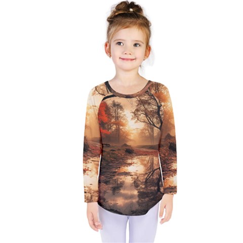 Trees Sunset Mist Kids  Long Sleeve T-shirt by pakminggu