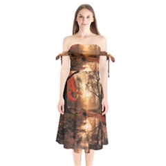 Trees Sunset Mist Shoulder Tie Bardot Midi Dress by pakminggu