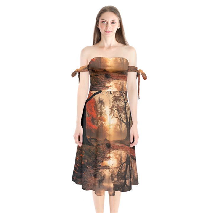 Trees Sunset Mist Shoulder Tie Bardot Midi Dress