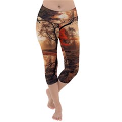 Trees Sunset Mist Lightweight Velour Capri Yoga Leggings by pakminggu