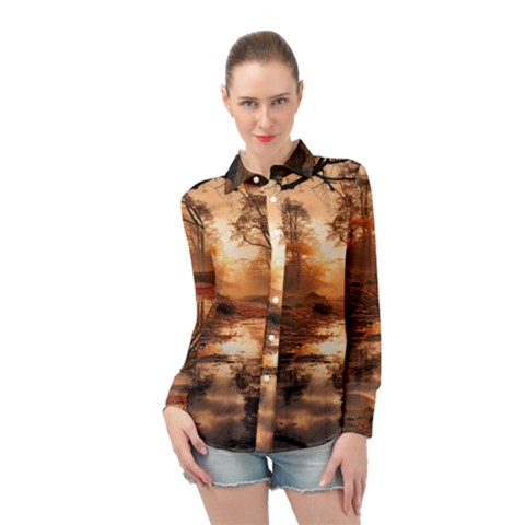 Trees Sunset Mist Long Sleeve Chiffon Shirt by pakminggu