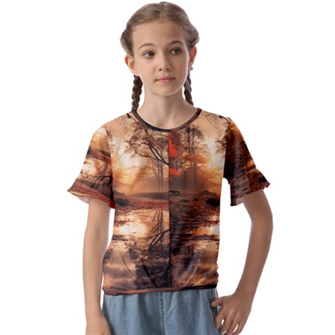 Trees Sunset Mist Kids  Cuff Sleeve Scrunch Bottom T-shirt by pakminggu