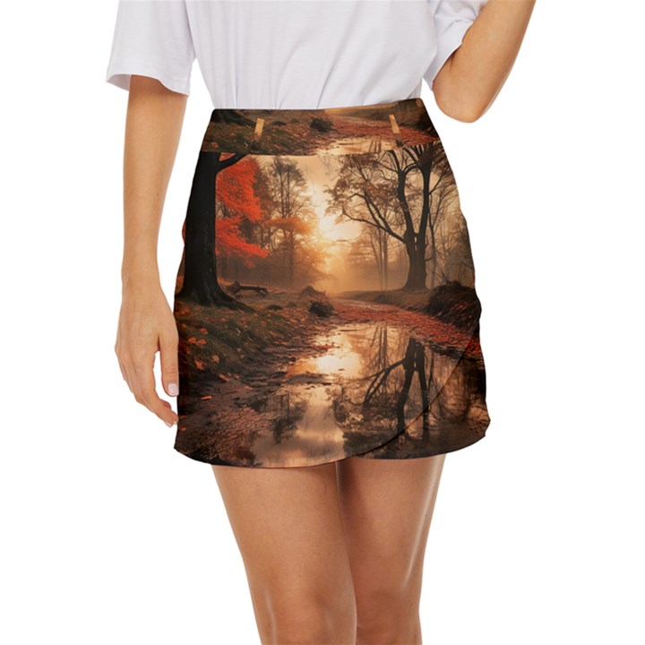 Trees Sunset Mist Mini Front Wrap Skirt