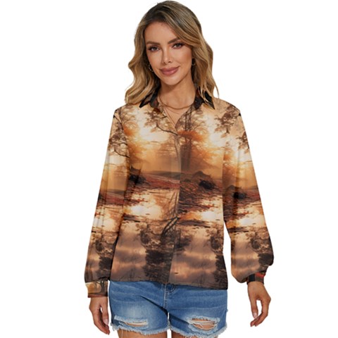 Trees Sunset Mist Women s Long Sleeve Button Up Shirt by pakminggu