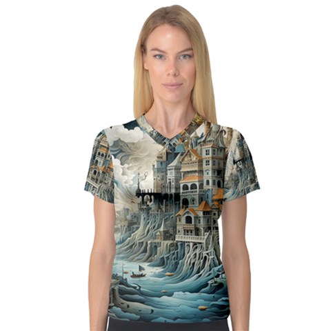 Castle Storm Sea V-neck Sport Mesh T-shirt by pakminggu