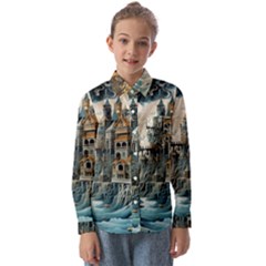 Castle Storm Sea Kids  Long Sleeve Shirt by pakminggu