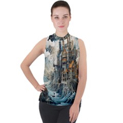 Castle Storm Sea Mock Neck Chiffon Sleeveless Top by pakminggu