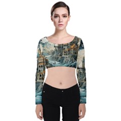 Castle Storm Sea Velvet Long Sleeve Crop Top by pakminggu