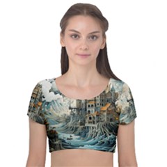 Castle Storm Sea Velvet Short Sleeve Crop Top  by pakminggu