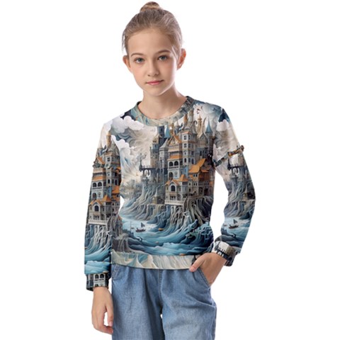 Castle Storm Sea Kids  Long Sleeve T-shirt With Frill  by pakminggu