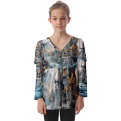 Castle Storm Sea Kids  V Neck Casual Top