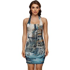 Castle Storm Sea Sleeveless Wide Square Neckline Ruched Bodycon Dress by pakminggu