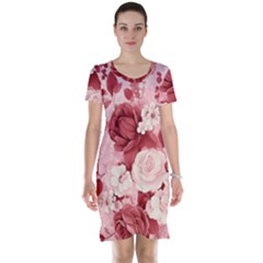 Red Pink Flower Petal Leaves Short Sleeve Nightdress by pakminggu