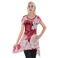 Red Pink Flower Petal Leaves Short Sleeve Side Drop Tunic by pakminggu