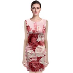 Red Pink Flower Petal Leaves Sleeveless Velvet Midi Dress by pakminggu