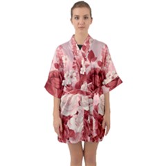 Red Pink Flower Petal Leaves Half Sleeve Satin Kimono  by pakminggu