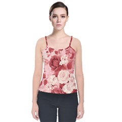 Red Pink Flower Petal Leaves Velvet Spaghetti Strap Top by pakminggu