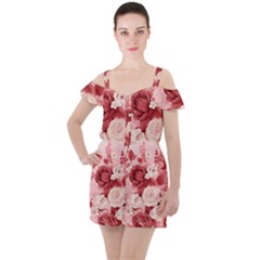 Red Pink Flower Petal Leaves Ruffle Cut Out Chiffon Playsuit by pakminggu