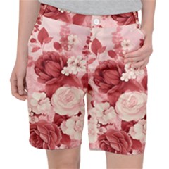 Red Pink Flower Petal Leaves Women s Pocket Shorts by pakminggu