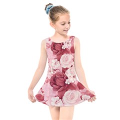 Red Pink Flower Petal Leaves Kids  Skater Dress Swimsuit by pakminggu