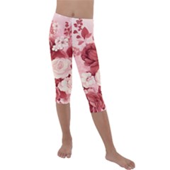 Red Pink Flower Petal Leaves Kids  Lightweight Velour Capri Leggings  by pakminggu