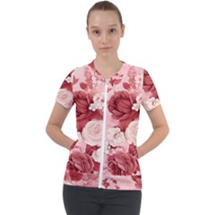 Red Pink Flower Petal Leaves Short Sleeve Zip Up Jacket by pakminggu