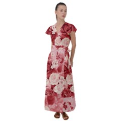 Red Pink Flower Petal Leaves Flutter Sleeve Maxi Dress by pakminggu