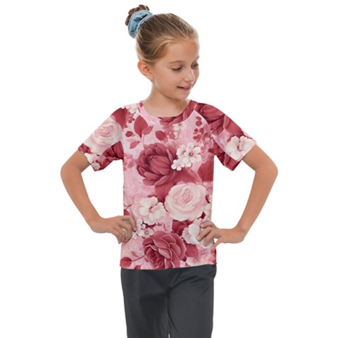 Red Pink Flower Petal Leaves Kids  Mesh Piece T-shirt by pakminggu