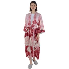 Red Pink Flower Petal Leaves Maxi Satin Kimono by pakminggu