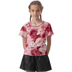 Red Pink Flower Petal Leaves Kids  Front Cut T-shirt by pakminggu