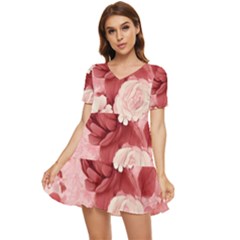 Red Pink Flower Petal Leaves Tiered Short Sleeve Babydoll Dress by pakminggu