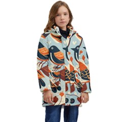 Vintage Birds Pattern Kids  Hooded Longline Puffer Jacket by Valentinaart