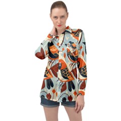 Vintage Birds Pattern Long Sleeve Satin Shirt