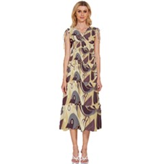 Vintage Birds Pattern V-neck Drawstring Shoulder Sleeveless Maxi Dress