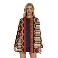 Textile Pattern Abstract Fabric Round Neck Long Sleeve Bohemian Style Chiffon Mini Dress by pakminggu