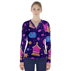 Pattern Royal Crowns V-neck Long Sleeve Top