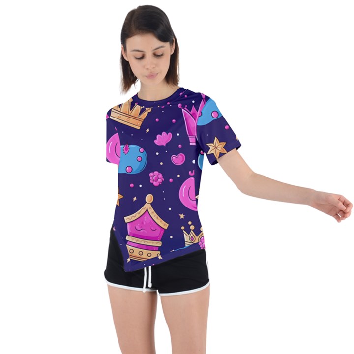 Pattern Royal Crowns Asymmetrical Short Sleeve Sports T-Shirt