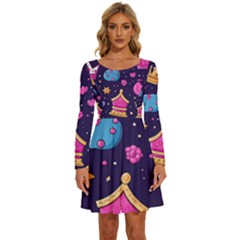 Pattern Royal Crowns Long Sleeve Wide Neck Velvet Dress by pakminggu